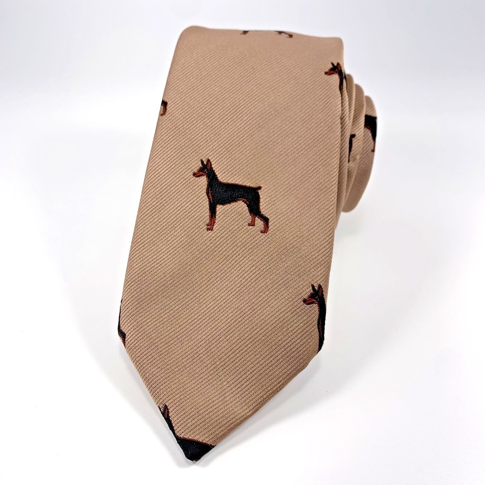Vintage A Schenker Original Mens Tie Tan w/ Doberman Pinscher Design Repp Poly